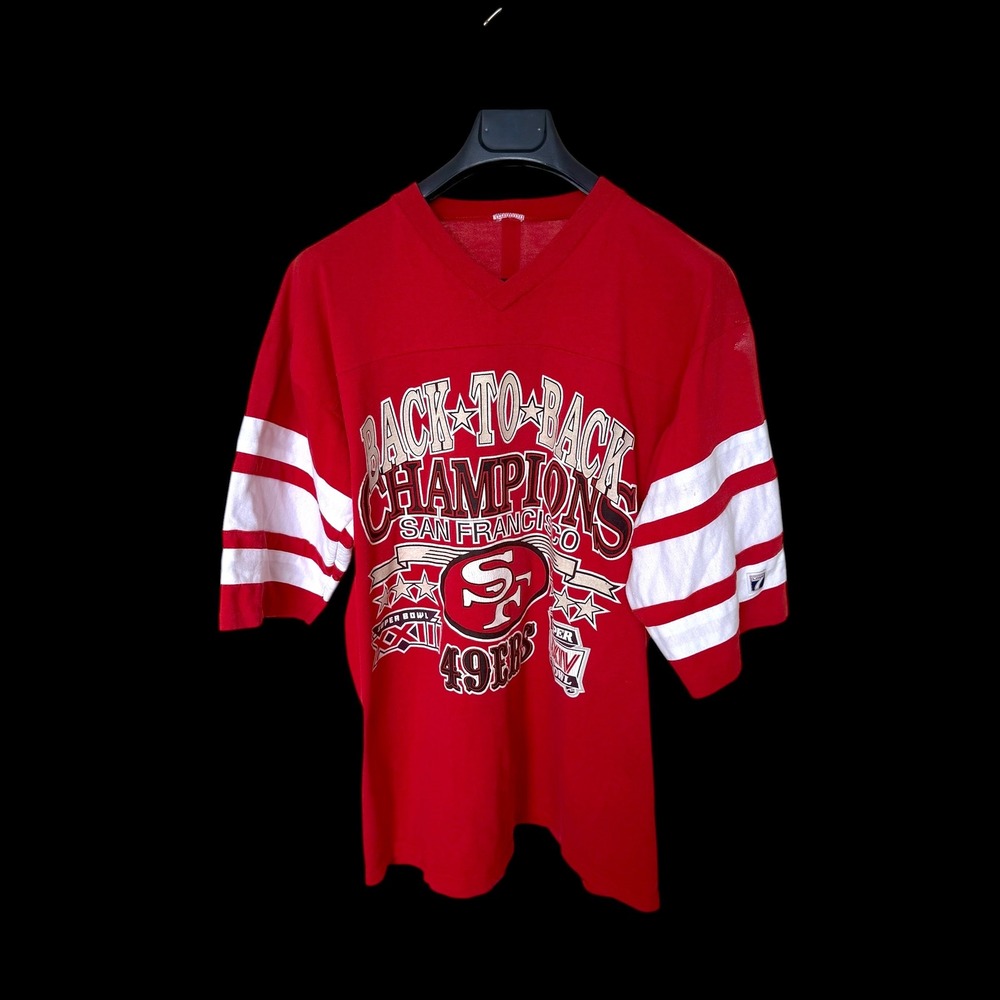 Vintage Logo 7 San Francisco 49ers Back to Back Champions Super Bowl Shirt Red